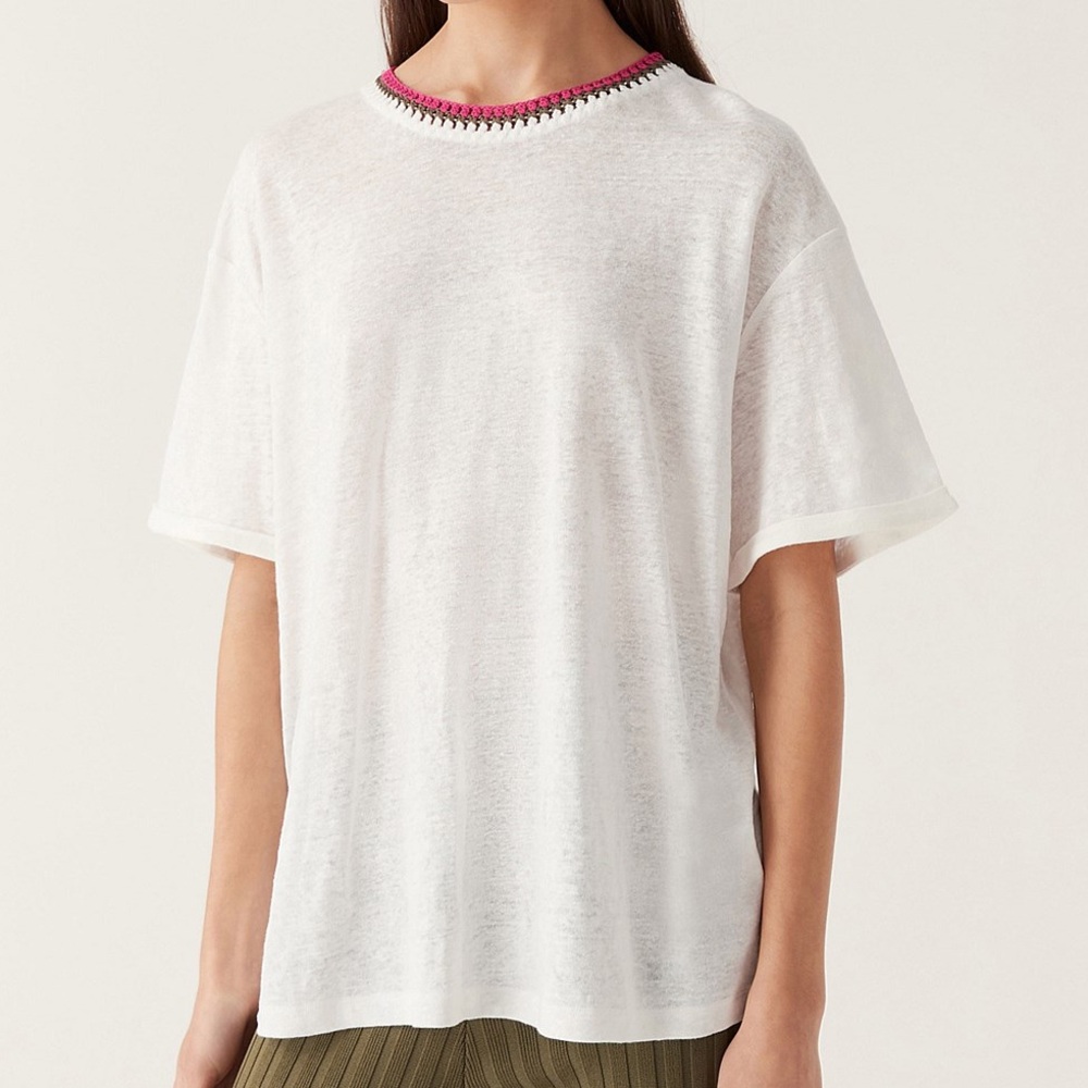 Aje White Short Sleeve Tee with Crochet Trim